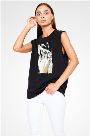 Attack On Titan Baskılı Unisex Siyah Kolsuz Tişört - Tshirt