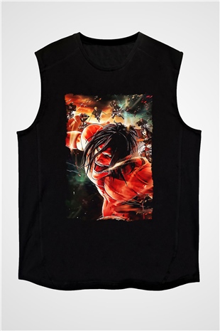 Attack On Titan Baskılı Unisex Siyah Kolsuz Tişört - Tshirt