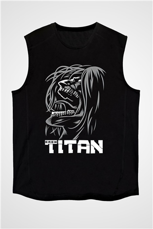 Attack On Titan Baskılı Unisex Siyah Kolsuz Tişört - Tshirt