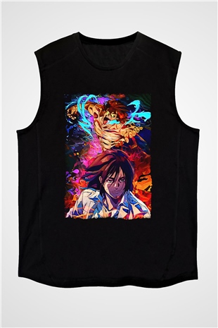 Attack On Titan Baskılı Unisex Siyah Kolsuz Tişört - Tshirt