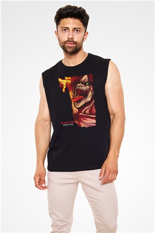 Attack On Titan Baskılı Unisex Siyah Kolsuz Tişört - Tshirt