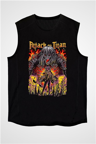 Attack On Titan Baskılı Unisex Siyah Kolsuz Tişört - Tshirt