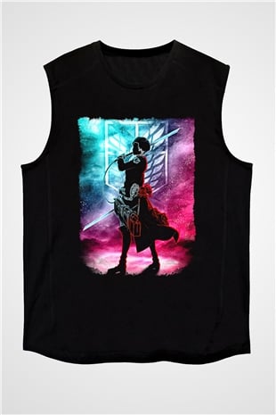 Attack On Titan Baskılı Unisex Siyah Kolsuz Tişört - Tshirt