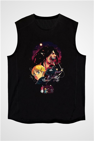 Attack On Titan Baskılı Unisex Siyah Kolsuz Tişört - Tshirt