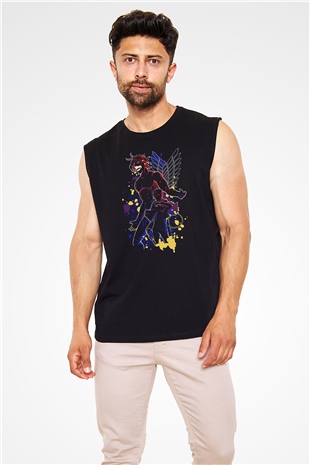 Attack On Titan Baskılı Unisex Siyah Kolsuz Tişört - Tshirt
