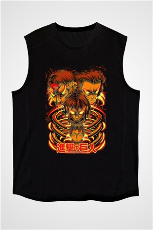 Attack On Titan Baskılı Unisex Siyah Kolsuz Tişört - Tshirt