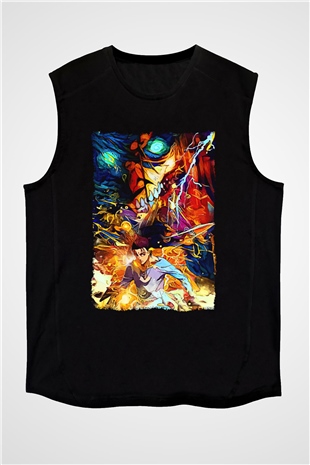 Attack On Titan Baskılı Unisex Siyah Kolsuz Tişört - Tshirt