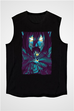 Attack On Titan Baskılı Unisex Siyah Kolsuz Tişört - Tshirt