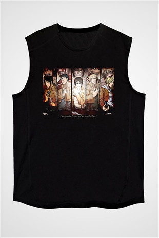 Attack On Titan Baskılı Unisex Siyah Kolsuz Tişört - Tshirt
