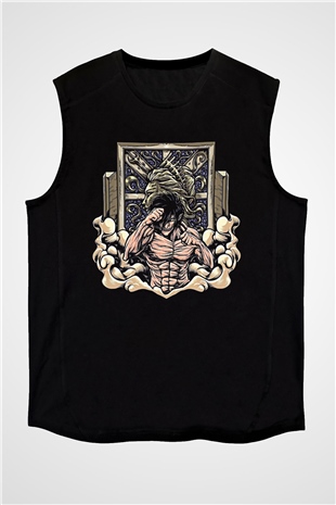 Attack On Titan Baskılı Unisex Siyah Kolsuz Tişört - Tshirt