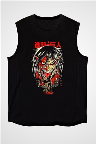 Attack On Titan Baskılı Unisex Siyah Kolsuz Tişört - Tshirt