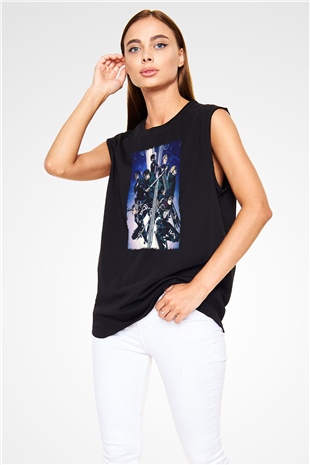 Attack On Titan Baskılı Unisex Siyah Kolsuz Tişört - Tshirt