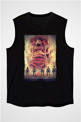 Attack On Titan Baskılı Unisex Siyah Kolsuz Tişört - Tshirt