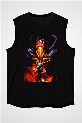 Attack On Titan Baskılı Unisex Siyah Kolsuz Tişört - Tshirt