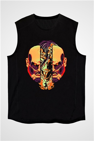 Attack On Titan Baskılı Unisex Siyah Kolsuz Tişört - Tshirt