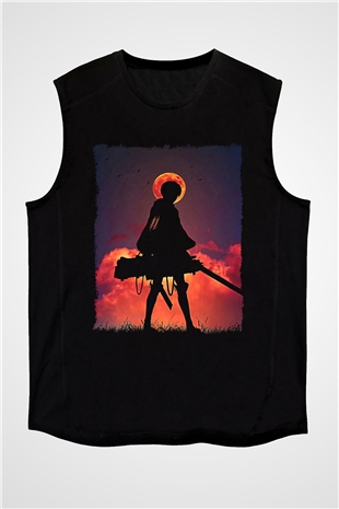 Attack On Titan Baskılı Unisex Siyah Kolsuz Tişört - Tshirt