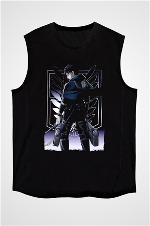 Attack On Titan Baskılı Unisex Siyah Kolsuz Tişört - Tshirt