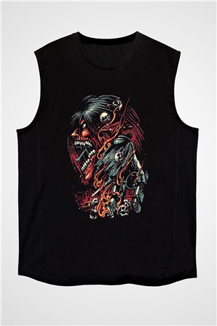 Attack On Titan Baskılı Unisex Siyah Kolsuz Tişört - Tshirt