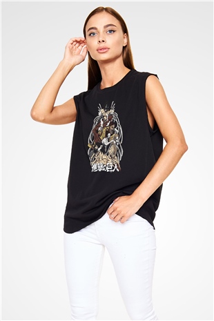 Attack On Titan Baskılı Unisex Siyah Kolsuz Tişört - Tshirt