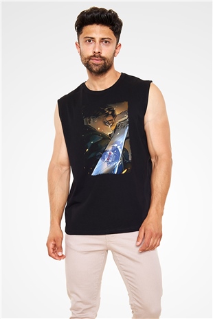 Attack On Titan Baskılı Unisex Siyah Kolsuz Tişört - Tshirt