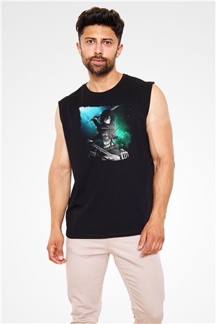 Attack On Titan Baskılı Unisex Siyah Kolsuz Tişört - Tshirt