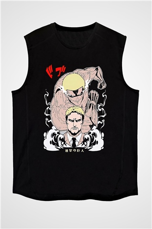 Attack On Titan Baskılı Unisex Siyah Kolsuz Tişört - Tshirt