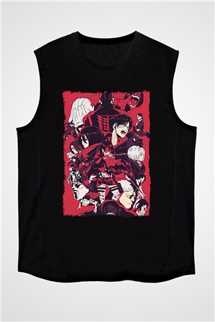 Attack On Titan Baskılı Unisex Siyah Kolsuz Tişört - Tshirt