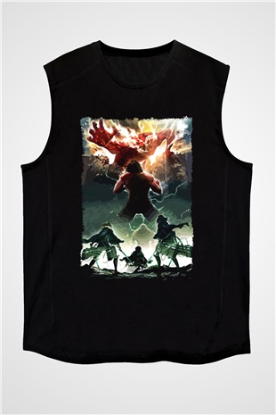 Attack On Titan Baskılı Unisex Siyah Kolsuz Tişört - Tshirt
