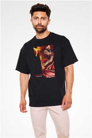 Attack On Titan Baskılı Unisex Siyah Oversize Tişört - Tshirt