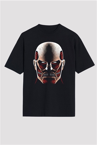 Attack On Titan Baskılı Unisex Siyah Oversize Tişört - Tshirt