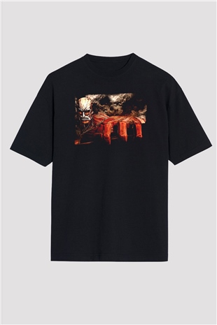 Attack On Titan Baskılı Unisex Siyah Oversize Tişört - Tshirt