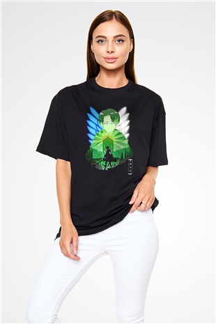 Attack On Titan Baskılı Unisex Siyah Oversize Tişört - Tshirt