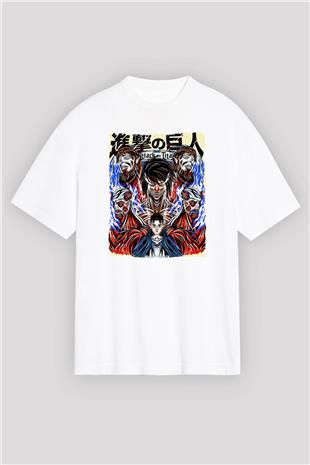 Attack On Titan Baskılı Unisex Siyah Oversize Tişört - Tshirt
