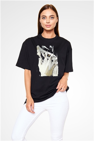 Attack On Titan Baskılı Unisex Siyah Oversize Tişört - Tshirt
