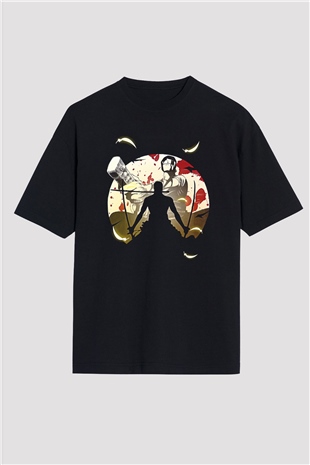 Attack On Titan Baskılı Unisex Siyah Oversize Tişört - Tshirt
