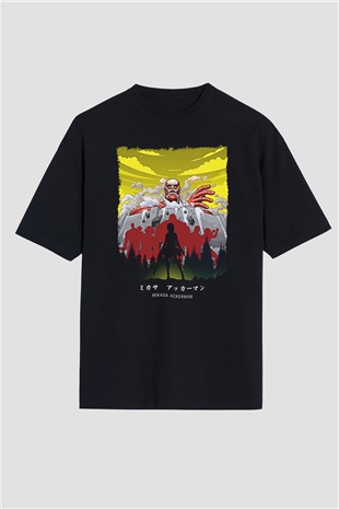 Attack On Titan Baskılı Unisex Siyah Oversize Tişört - Tshirt
