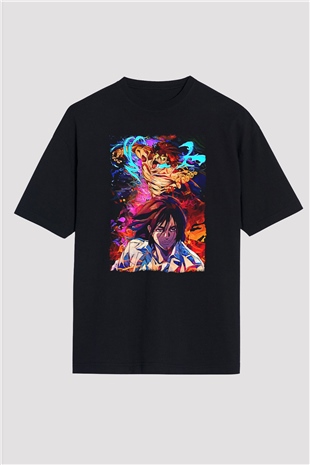 Attack On Titan Baskılı Unisex Siyah Oversize Tişört - Tshirt