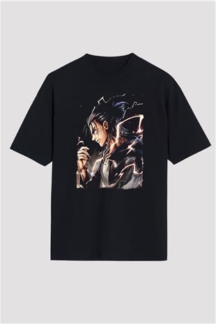 Attack On Titan Baskılı Unisex Siyah Oversize Tişört - Tshirt