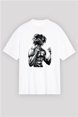 Attack On Titan Baskılı Unisex Siyah Oversize Tişört - Tshirt