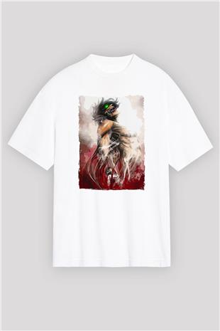 Attack On Titan Baskılı Unisex Siyah Oversize Tişört - Tshirt