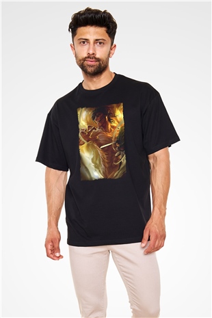 Attack On Titan Baskılı Unisex Siyah Oversize Tişört - Tshirt