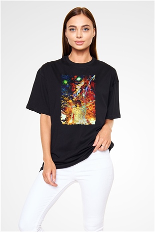 Attack On Titan Baskılı Unisex Siyah Oversize Tişört - Tshirt