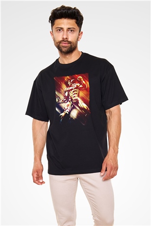 Attack On Titan Baskılı Unisex Siyah Oversize Tişört - Tshirt