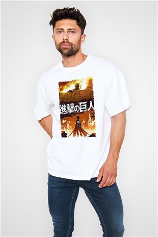 Attack On Titan Baskılı Unisex Siyah Oversize Tişört - Tshirt