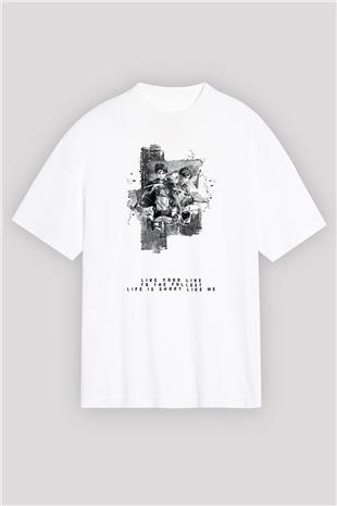 Attack On Titan Baskılı Unisex Siyah Oversize Tişört - Tshirt