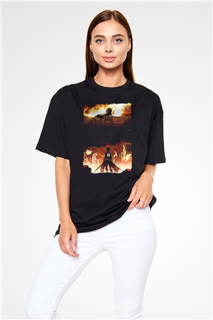 Attack On Titan Baskılı Unisex Siyah Oversize Tişört - Tshirt