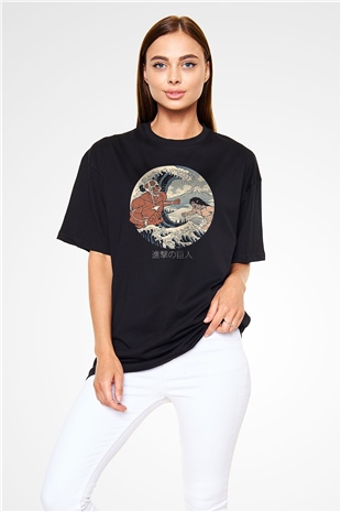 Attack On Titan Baskılı Unisex Siyah Oversize Tişört - Tshirt