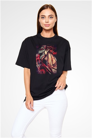 Attack On Titan Baskılı Unisex Siyah Oversize Tişört - Tshirt