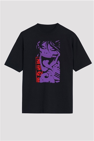 Attack On Titan Baskılı Unisex Siyah Oversize Tişört - Tshirt