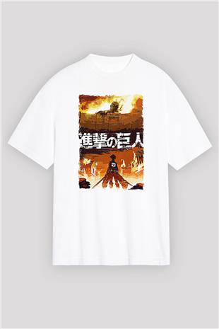 Attack On Titan Baskılı Unisex Siyah Oversize Tişört - Tshirt